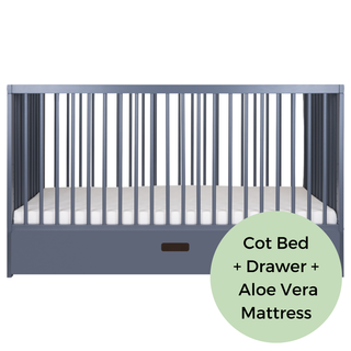 Mini Cot Bed With Drawer & Aloe Vera Mattress - Stone Blue