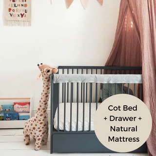 Mini Cot Bed With Drawer & Natural Mattress - Stone Blue