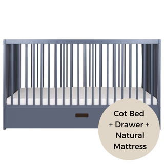 Midi Cot Bed With Drawer & Natural Mattress - Stone Blue (140x70)