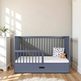 Mini Cot Bed With Drawer & Natural Mattress - Stone Blue (120x60)
