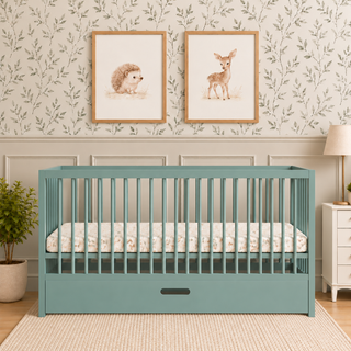 Midi Cot Bed With Drawer & Natural Mattress - Stone Teal (140x70)