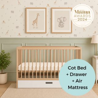 Mini Cot Bed With Drawer & Luxury Breathable Air Mattress - Beech (120x60)