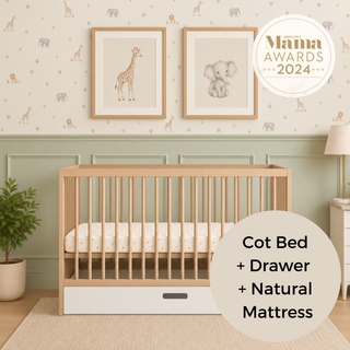 Mini Cot Bed With Drawer & Natural Mattress - Beech (120x60)
