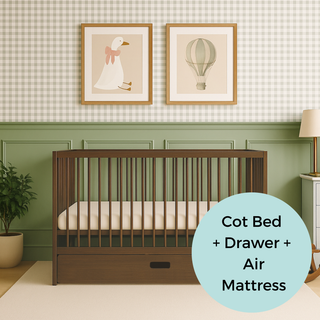 Mini Cot Bed With Drawer & Luxury Breathable Air Mattress - Walnut