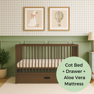 Mini Cot Bed With Drawer & Aloe Vera Mattress - Walnut