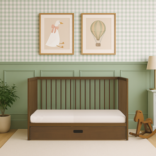 Mini Cot Bed With Drawer & Luxury Breathable Air Mattress - Walnut (120x60)