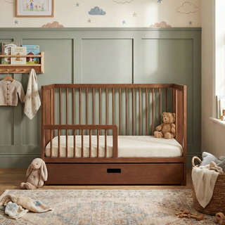 Mini Cot Bed With Drawer & Luxury Breathable Air Mattress - Walnut (120x60)