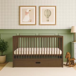 Mini Cot Bed With Drawer, Aloe Vera Mattress & 2 Mattress Protectors - Walnut - Mokee