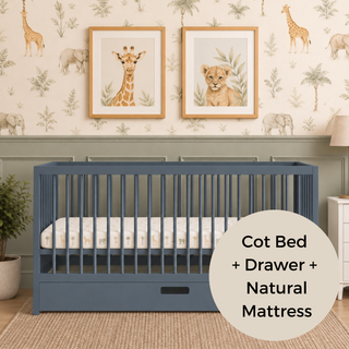 Midi Cot Bed With Drawer & Natural Mattress - Stone Blue (140x70)