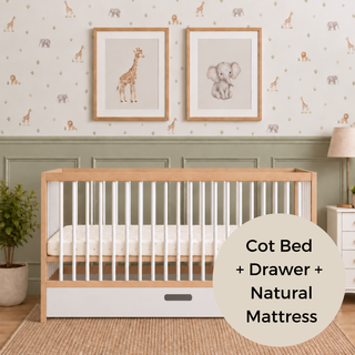Midi Cot Bed With Drawer & Natural Mattress - White Beech (140x70)